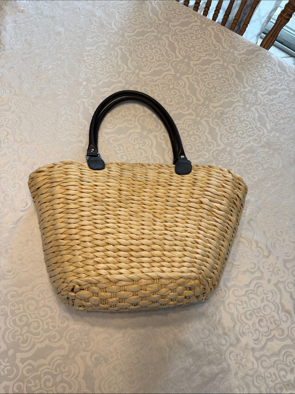 Borghese Woven Straw Tote Bag with Black Handles